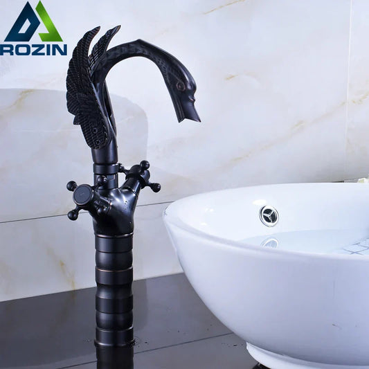DecorBites™ Black Bronze Swan Basin Faucet Dual Cross Handle Deck Mounted Bathroom Mixer
