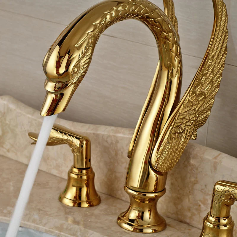 DecorBites™ Golden Swan Bathtub Faucet Set with Brass Hand Shower.