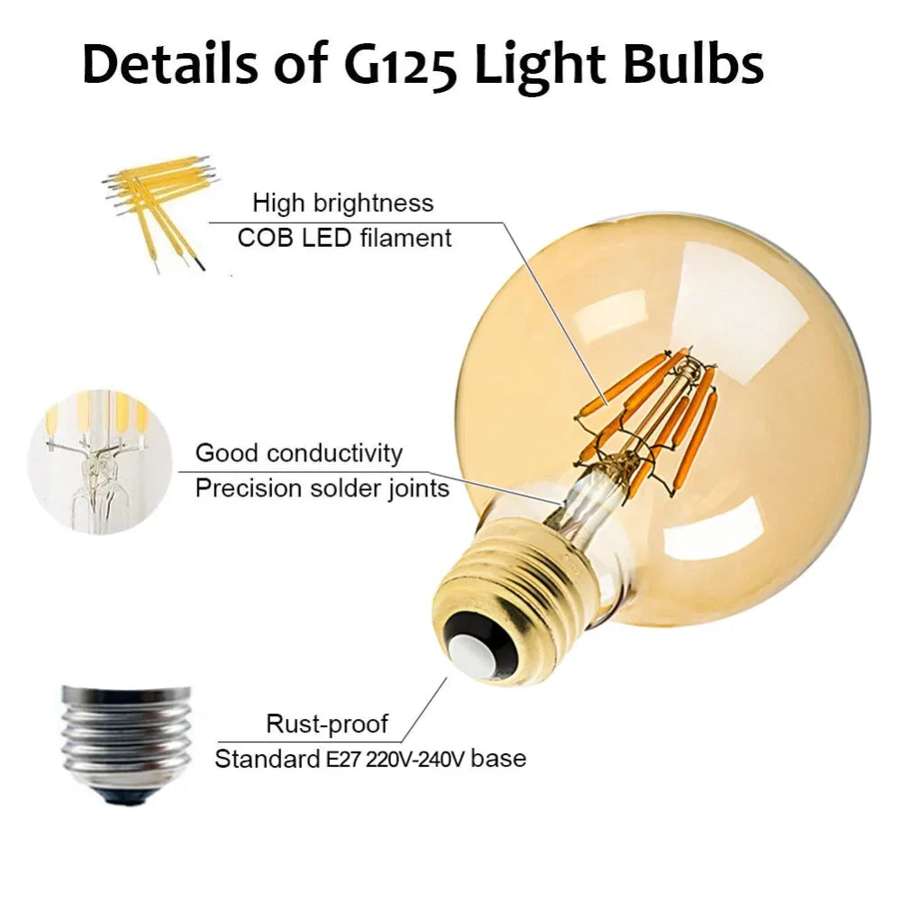 DecorBites™ G125 LED Filament Bulb 4W E27 Warm 2200K Dimmable Globe, Equivalent to 40/60W