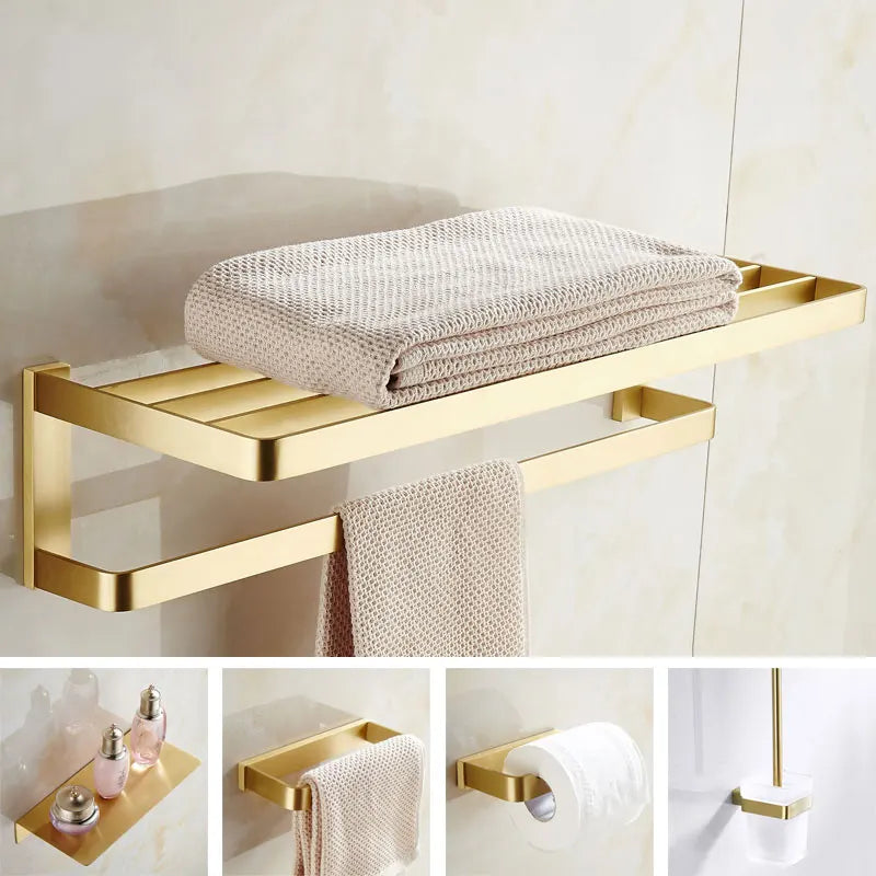 DecorBites™ Brushed Gold Bathroom Hardware Set: Towel Rack, Corner Shelf, Paper Holder, Hook, Toilet Brush Holder