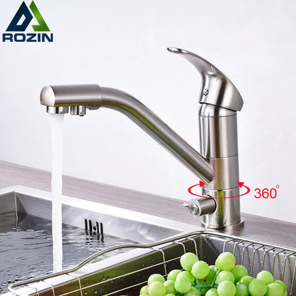 DecorBites™ Brushed Nickel Kitchen Sink Faucet with Water Purification: 360° Rotation Deck Mounted Mixer Tap
