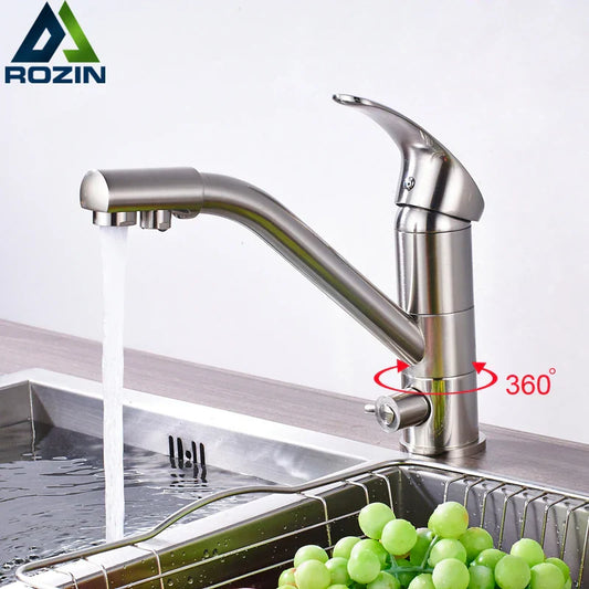 DecorBites™ Brushed Nickel Kitchen Sink Faucet with Water Purification: 360° Rotation Deck Mounted Mixer Tap
