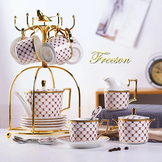 DecorBites™ Gold Porcelain Coffee & Tea Set, Elegant Bone China Luxury Ceramics