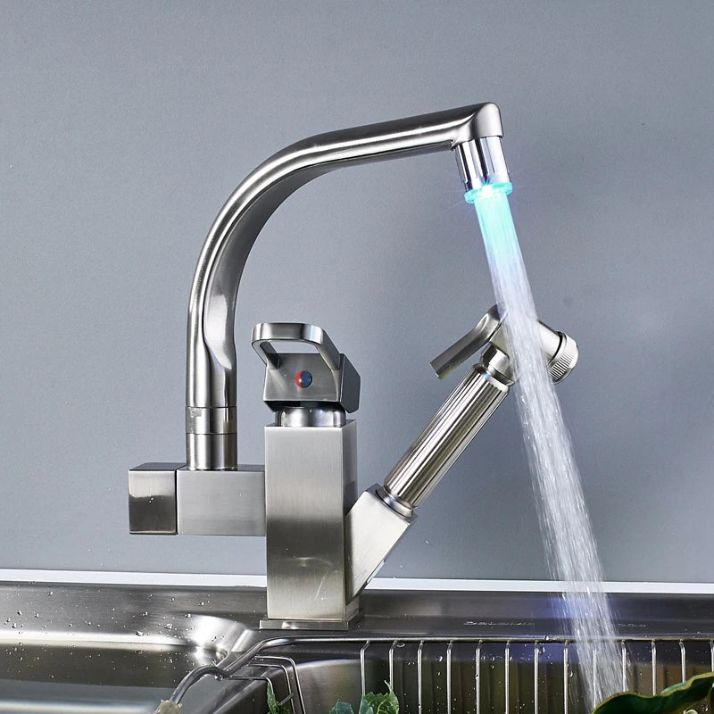 DecorBites™ LED Kitchen Faucet Pull Out Sprayer Deck Mounted Hot Cold Water Tap