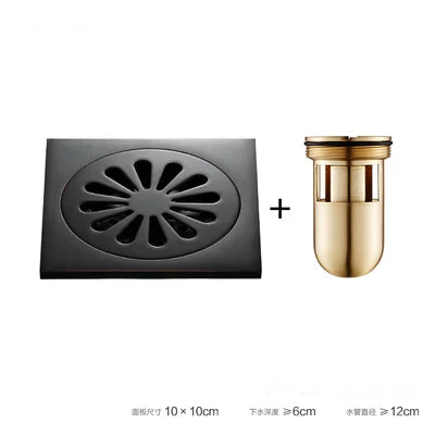 DecorBites™ Brass Square Shower Room Floor Drain with Hair Strainer - 10*10cm