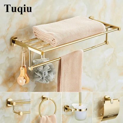 DecorBites™ Gold Brass Bath Hardware Set: Towel Rack, Paper Holder, Toilet Brush Holder, Towel Ranger, Hooks