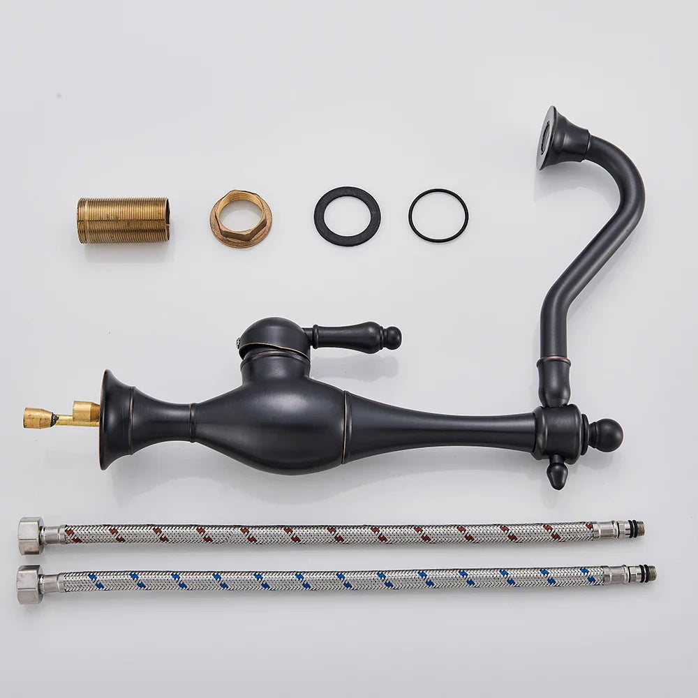 صنبور مطبخ أسود طويل العنق من DecorBites™ مع فوهة دوارة - صنبور خلاط مثبت على السطح