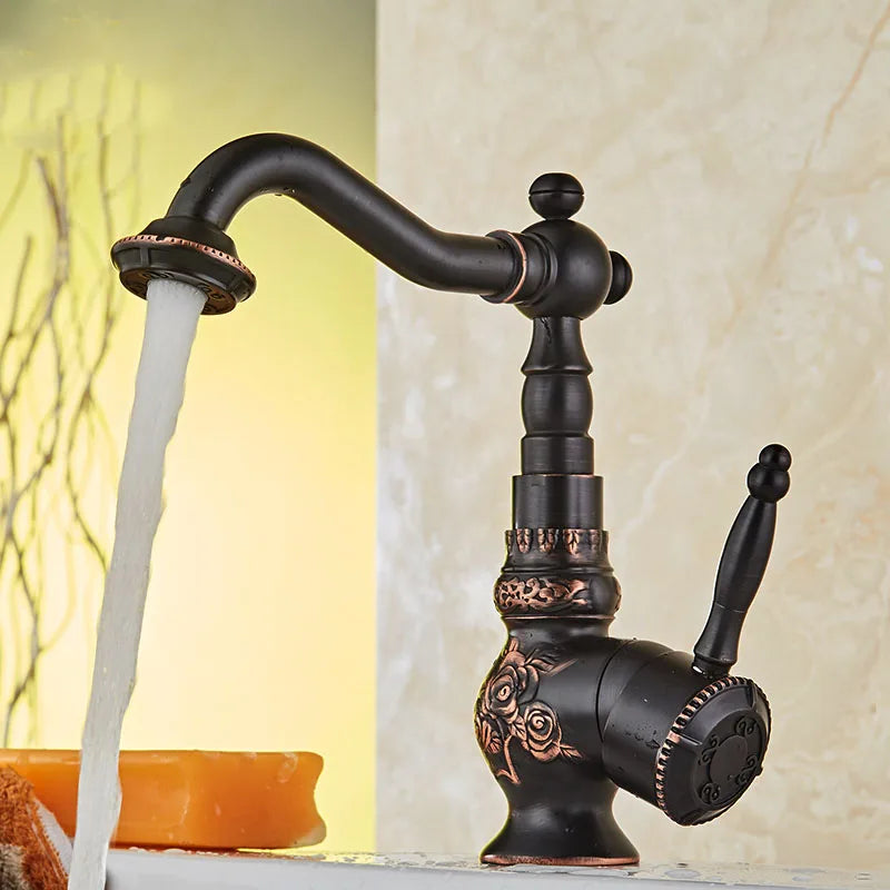 DecorBites™ Black Flower Carved Basin Mixer Tap with Swivel Neck, Single Lever Control