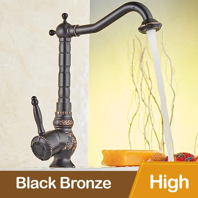 DecorBites™ Black Flower Carved Basin Mixer Tap with Swivel Neck, Single Lever Control