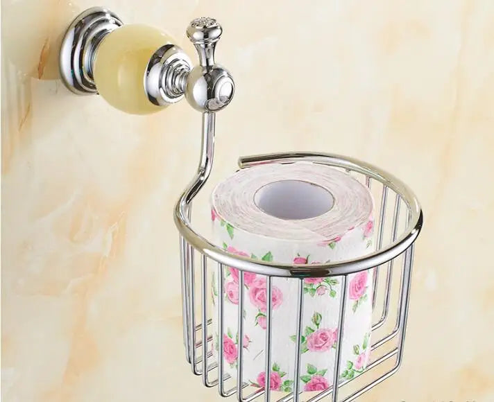 DecorBites™ Brass & Jade Bathroom Set: Holder, Bar, Basket, Rack, Ring - Hardware Collection