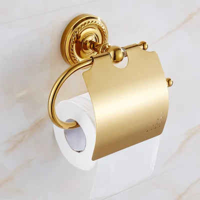 DecorBites™ Brass Gold Bathroom Hardware Set: Towel Rack, Paper Holder, Toilet Brush, Hooks, Towel Ring