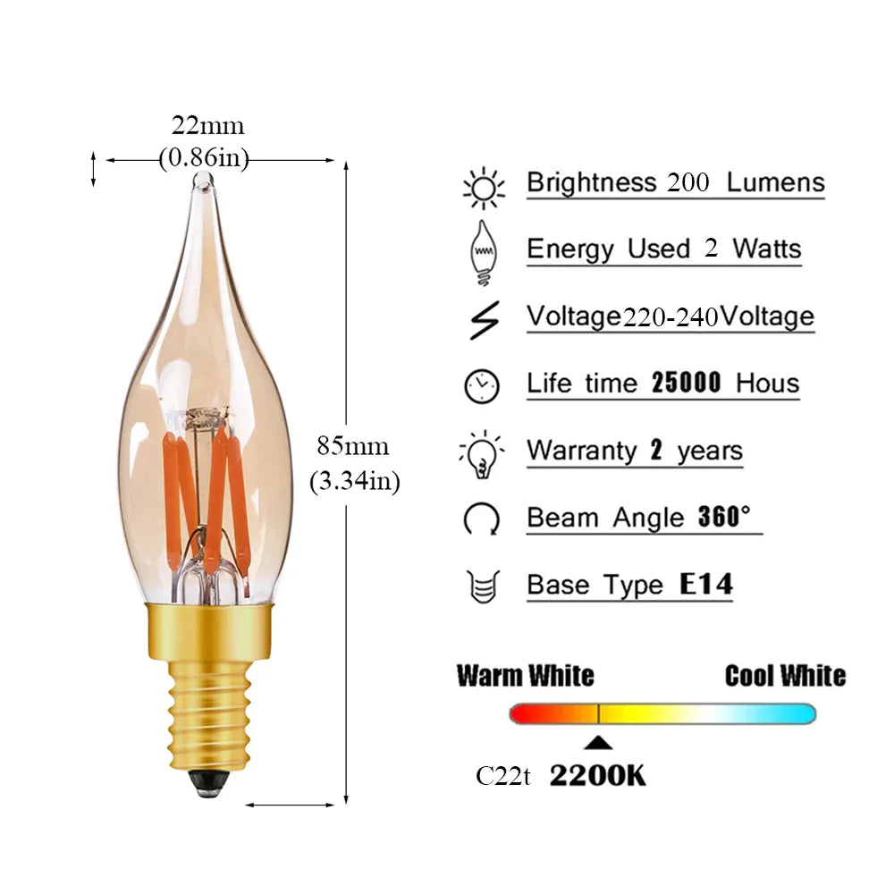 Bombilla LED de filamento DecorBites™ C22T, tinte dorado, tipo vela, casquillo E12, 2 W, 2200 K, para decoración de lámparas de araña.
