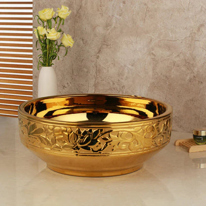 DecorBites™ Golden Ceramic Washbasin and Brass Mixer Faucet Set