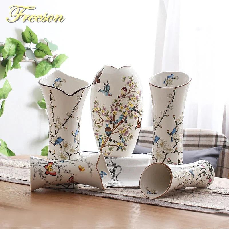 DecorBites™ Bird Butterfly Porcelain Vase: British Rural Ceramic Flower Decoration