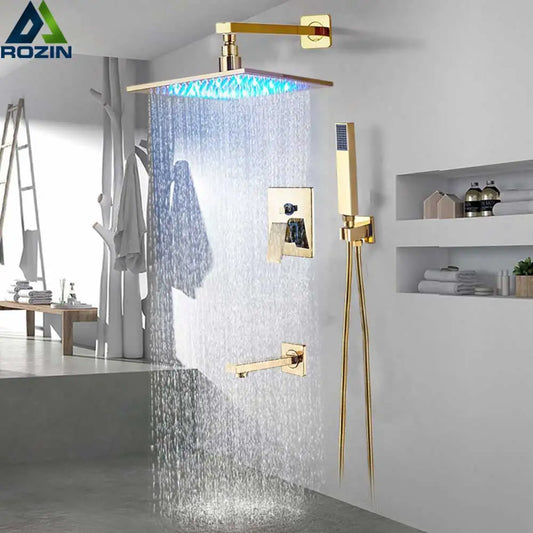 DecorBites™ Golden LED Rainfall Shower Faucet with 3-way Mixer and Brass Spout