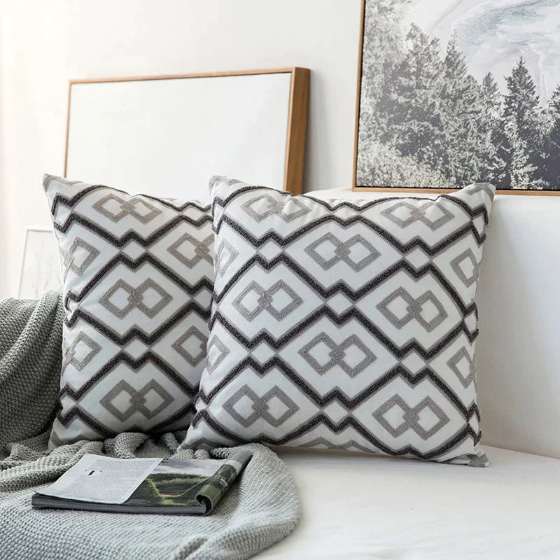 DecorBites™ Grey Geometric Embroidered Cushion Cover 45x45cm