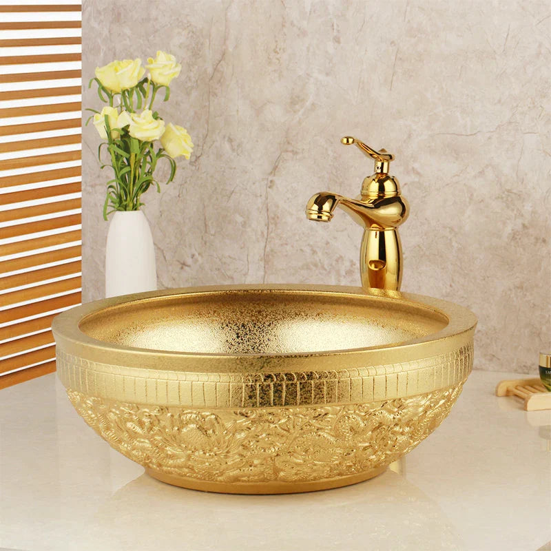 DecorBites™ Golden Ceramic Washbasin and Brass Mixer Faucet Set