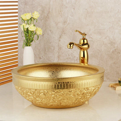 DecorBites™ Golden Ceramic Washbasin and Brass Mixer Faucet Set