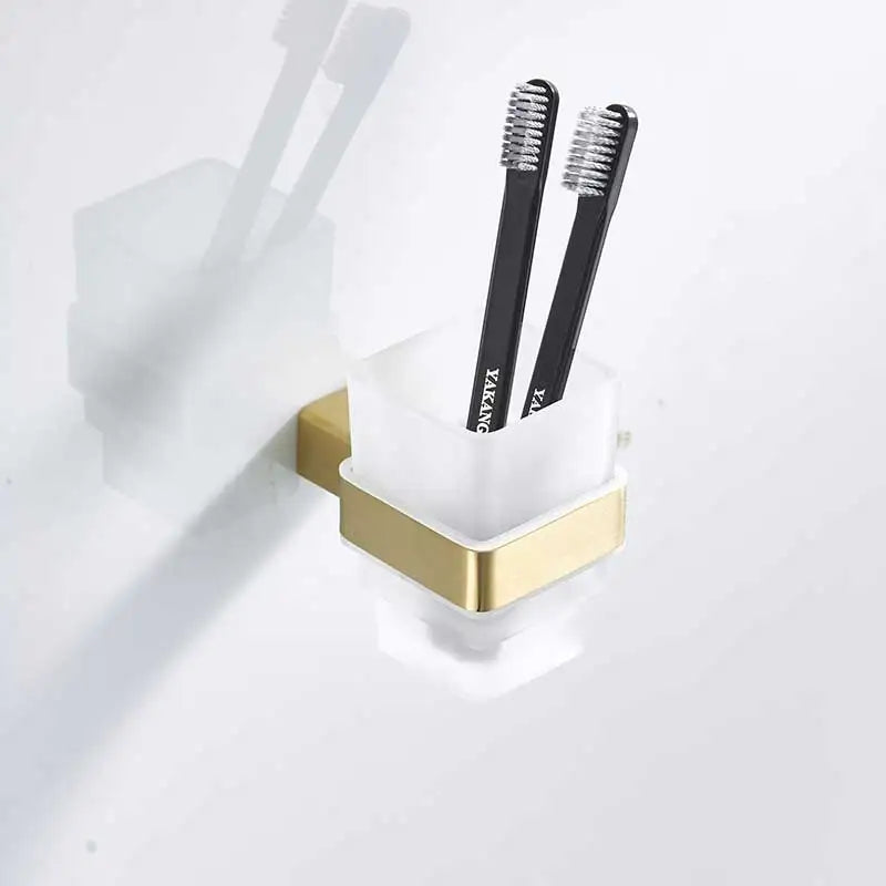 DecorBites™ Brushed Gold Stainless Steel Bathroom Accessory Set: TP Holder, Towel Bar, Storage Shelf