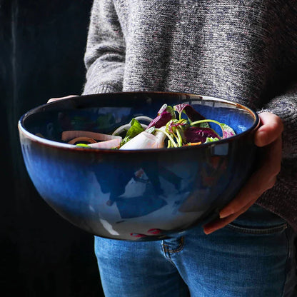DecorBites™ Deep Blue Ceramic Porcelain Salad Bowl - 2L Capacity