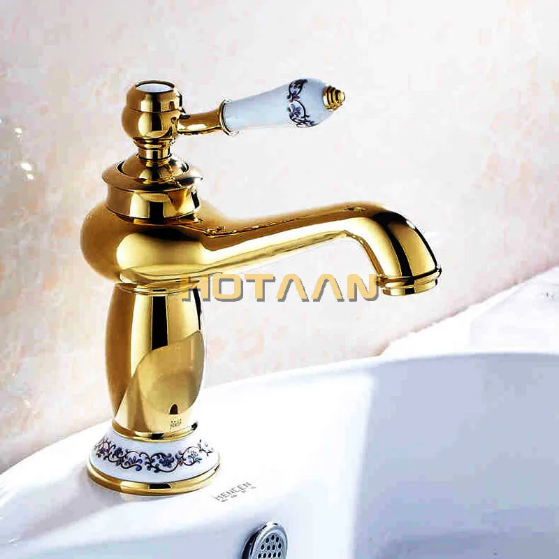 Grifo de Lavabo de Lujo Moderno con Acabado Dorado Decorbites™ Asa Única Agua Caliente y Fría de Latón
