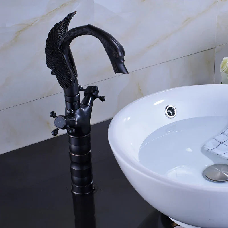 DecorBites™ Black Bronze Swan Basin Faucet Dual Cross Handle Deck Mounted Bathroom Mixer