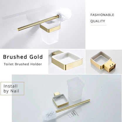 DecorBites™ Brushed Gold Stainless Steel Bathroom Accessory Set: TP Holder, Towel Bar, Storage Shelf