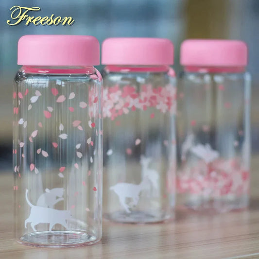 DecorBites™ Kawaii Sakura Glass Water Bottle 310ml Cute Cartoon Animal Design