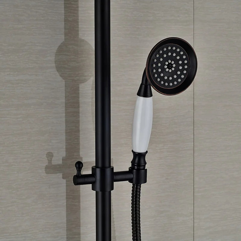 DecorBites™ Black Bronze Bathroom Shower Faucet Set with Dual Ceramic Handles & 8" Rainfall Column