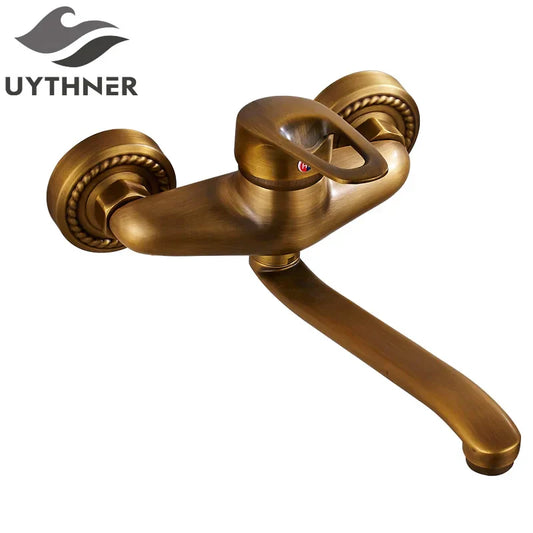 DecorBites™ Antique Brass Bathroom Basin Faucet Long Spout Dual Handle Wall Mount