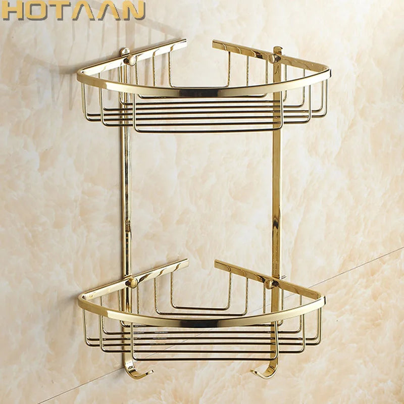 DecorBites™ Gold Brass Double Layer Bathroom Shower Shelf Basket Holder