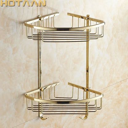 DecorBites™ Gold Brass Double Layer Bathroom Shower Shelf Basket Holder