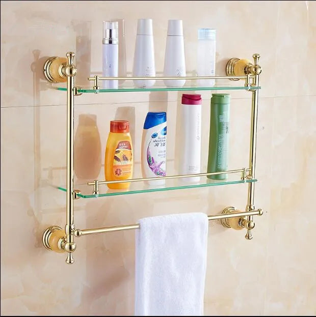DecorBites™ Brass & Jade Gold Bathroom Accessories Set: Paper Holder, Towel Bar, Soap Basket