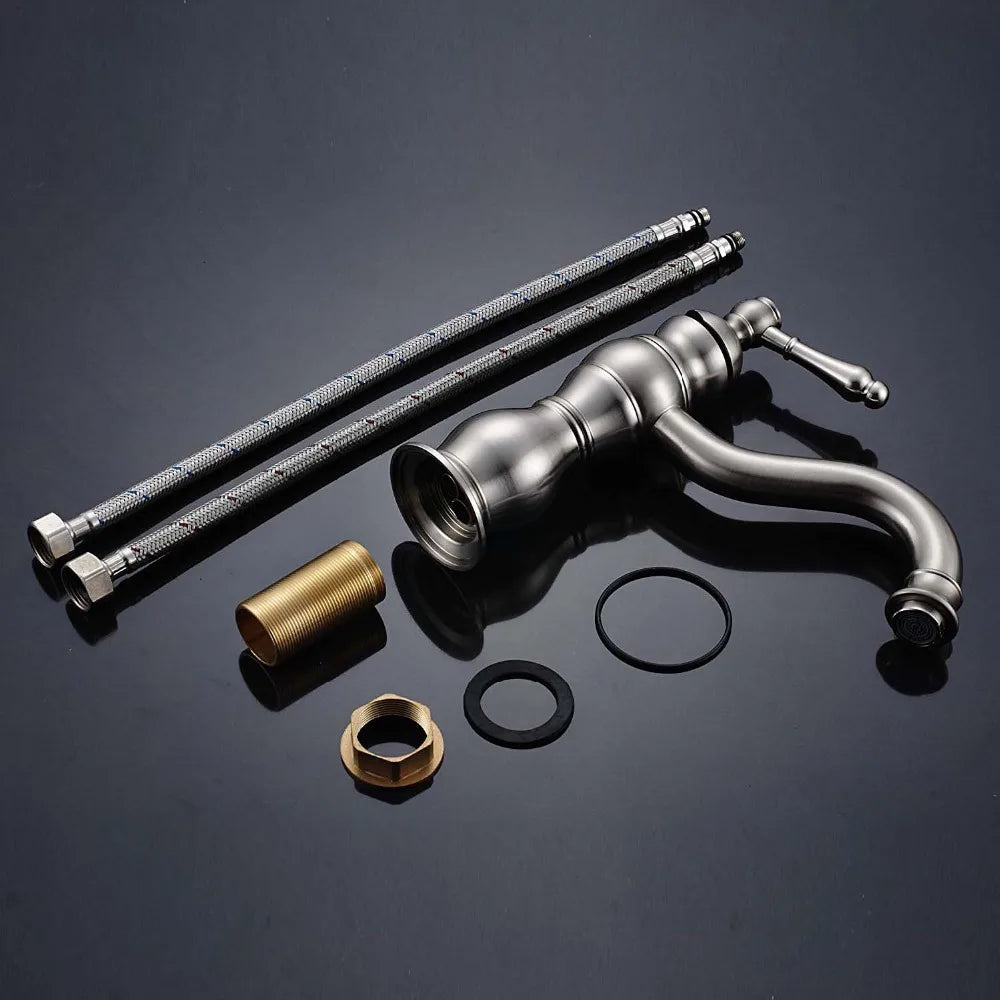 DecorBites™ Brushed Nickel Basin Faucet with Long Spout - Deck Mounted Single Handle Mixer