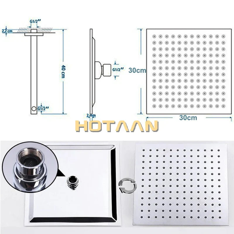 DecorBites™ 12 Inch Stainless Steel Rain Shower Head with Arm - Water Saving Top Shower