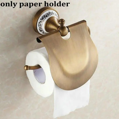 DecorBites™ Bathroom Accessories Set: Towel Rack, Bar, Holder, Hook - Antique Brass/Ceramic/Copper