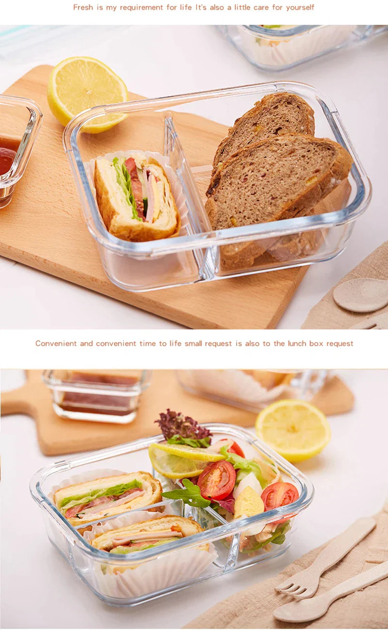 Caja de Almuerzo Decorbites™ para Niños: Estilo Coreano Bento de Vidrio con Compartimentos, Apto para Microondas, Almacenamiento de Alimentos