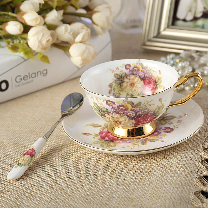 DecorBites™ Elegant Floral Bone China Tea Cup Set 200ml - Premium Porcelain Teacup Saucer Spoon