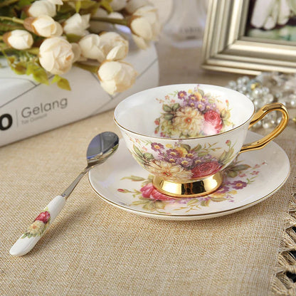DecorBites™ Elegant Floral Bone China Tea Cup Set 200ml - Premium Porcelain Teacup Saucer Spoon
