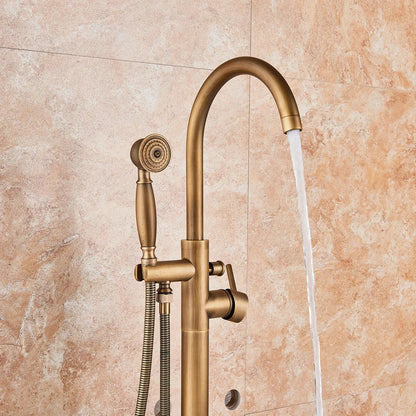 صنبور حوض استحمام نحاسي عتيق مثبت على الأرضية من DecorBites™ مزود بفوهة دوارة وخلاط دش