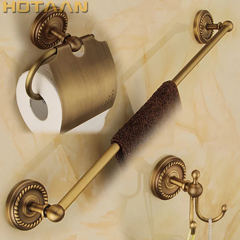 DecorBites™ Brass Bathroom Accessories Set, Robe Hook, Paper Holder, Towel Bar, Antique Finish
