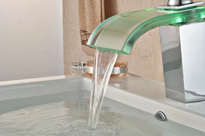 DecorBites™ LED Glass Waterfall Basin Faucet | Square Single Handle Bathroom Sink Mixer
