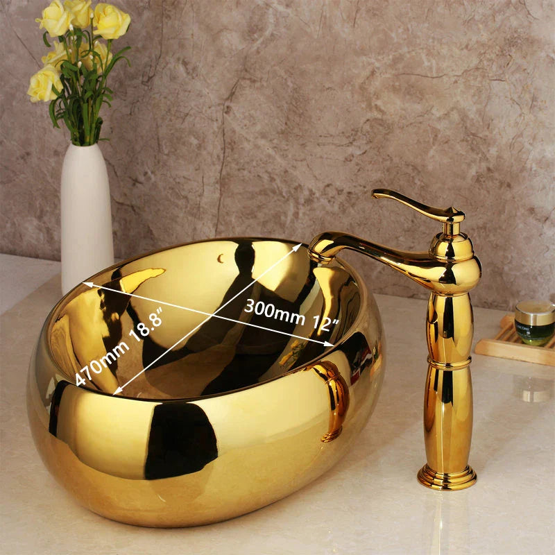 DecorBites™ Golden Ceramic Washbasin and Brass Mixer Faucet Set