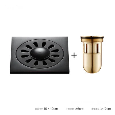 DecorBites™ Brass Square Shower Room Floor Drain with Hair Strainer - 10*10cm