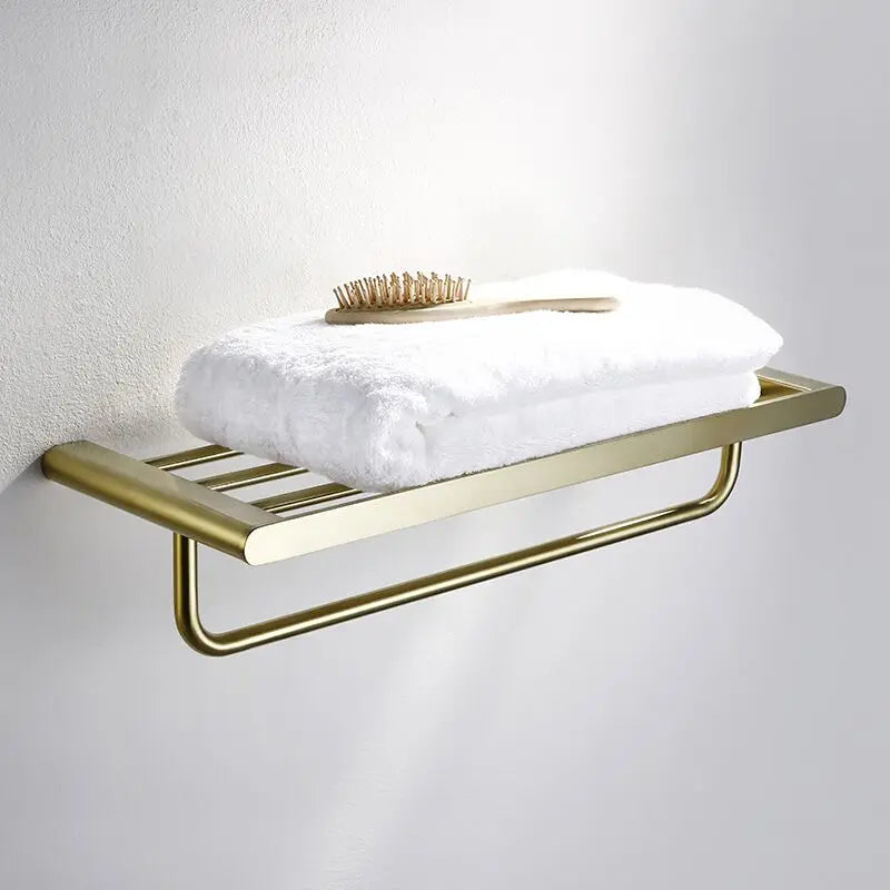 DecorBites™ Brushed Gold Bathroom Hardware Set: Towel Rack, Paper Holder, Toilet Brush Holder, Hooks