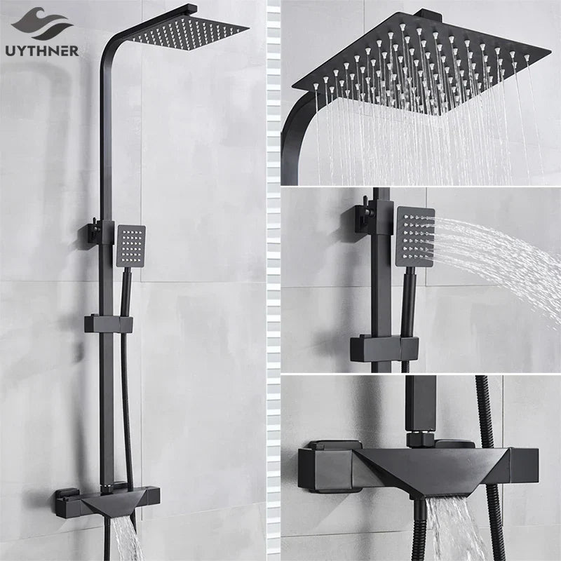 DecorBites™ Black Thermostatic Rain Shower Faucet Set for Wall Mounted Bathrooms