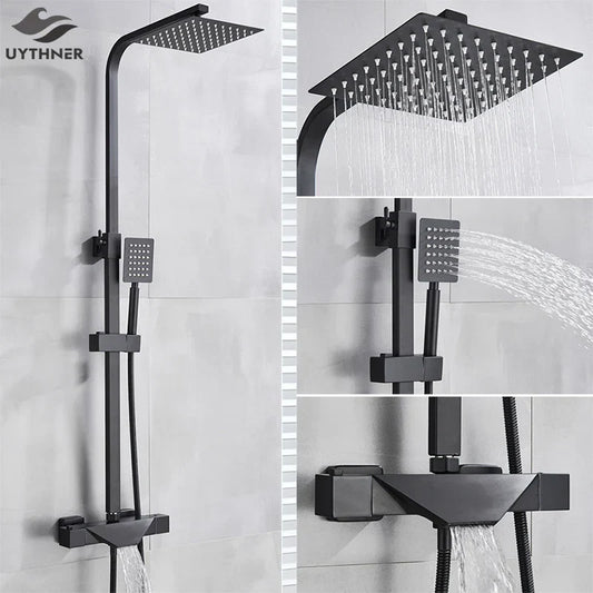 DecorBites™ Black Thermostatic Rain Shower Faucet Set for Wall Mounted Bathrooms