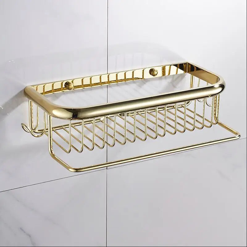 Estante de baño de latón dorado Decorbites™ con perchero para toallas, soporte para champú y canasta