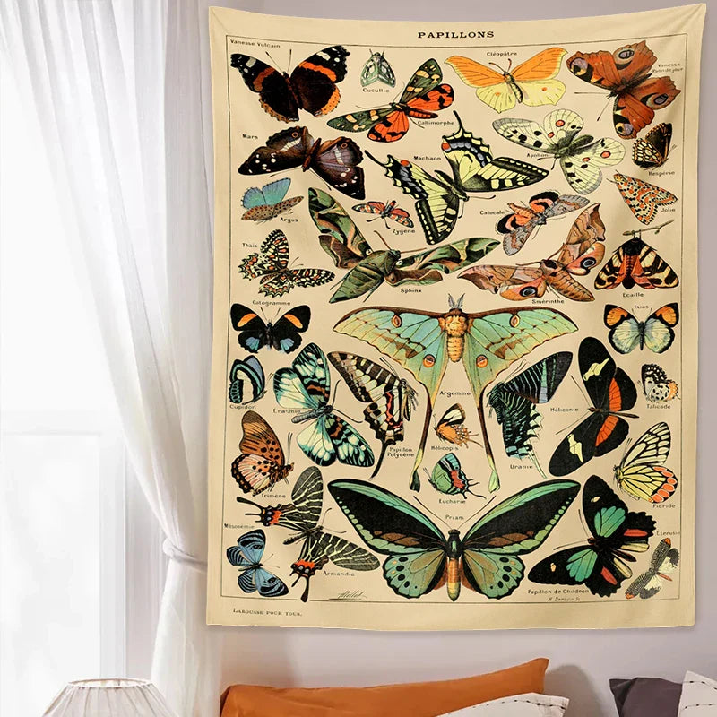 Butterfly Chart Tapestry by Decobites - Vintage & Colorful Wall Hanging