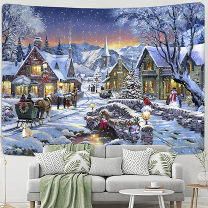 Decobites Christmas Woods Snow Scene Tapestry Wall Hanging - Elk Bohemian Style Bed Curtain Home Decor